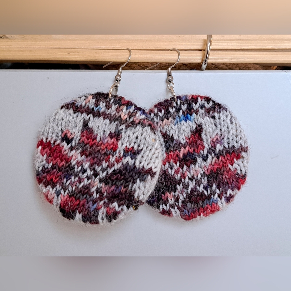 Hand Knitted Circle Earrings Multicolor Flower Grey Red Premium Hand Dyed Yarn